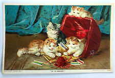 Antique 1908 Postcard Ball Of Yarn and Basket Kittens “Up To Mischief” Cats picture