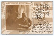 c1905 Man Playing Checkers Game Art Nouveau RPPC Photo Antique Postcard picture