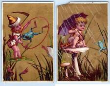 SET/2 FANTASY*CHILDREN*FROGS*MUSHROOMS*SCYTHE*STOCK VICTORIAN TRADE CARDS 1880's picture