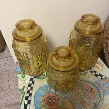 Vintage L. E. Smith Imperial Amber Glass Atterbury Scroll Canister Jar 3 Pieces picture