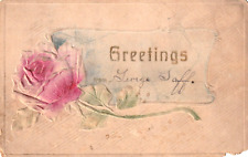 ANTIQUE 1906 GREETINGS POSTCARD Embossed Pink Rose Blue Label picture