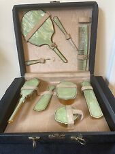 Vintage 9 pc, Celluloid Bakelite Green Pearl Art Deco Dresser Vanity Set w Case picture
