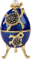 Bejeweled Blue Faberge Egg Hinged Metal Enameled Crystal Trinket box-Turtles picture