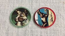 2 VTG 1960's KRUN-CHEE POTATO CHIPS SPACE COINS - USSR DOG & US CHIMP TRAVELERS picture