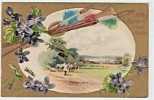 Antique Christmas Postcard Paint Palette Brushes Artist Horses Rural Scene 1908 picture