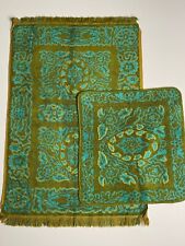 VTG 60'S MCM SEARS DRYLON BLUE&GREEN SCULPTED FLORAL PRINT HAND TOWEL&WASHCLOTH picture