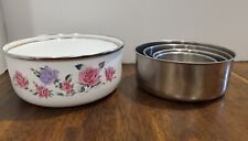 Vintage GMI Porcelain Enamel Nesting Bowls Pink Rose Set of 2 + Metal Set of 4 picture
