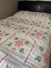 Vintage Pink Chenille Style Queen Bedspread  Border White With Pink Flowers picture