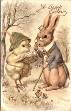Vintage Post Card A Happy Easter EMBOSSED Rabbit with Chick 1912 Posted picture