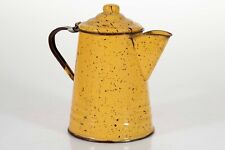 Vintage Yellow Speckled Enamel Coffee Pot with Brown Handle and Hinged Lid picture