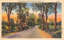 Newton Falls Ohio 1940s Linen Greetings Postcard Tree Lined Road Trumbull County picture