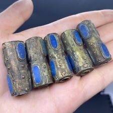 LOT OF 5 WONDERFUL ANCIENT AFGHANISTAN BRONZE BEADS WITH LAPIS STONE picture
