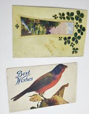 2 Vintage Unmailed Best Wishes Postcards Robin 4-Leaf Clover picture