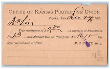 Topeka Kansas KS Postal Card Office of Kansas Protective Union 1885 Antique picture