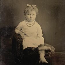 Antique Tintype Photograph Adorable Little Girl Child Striped Socks Dress picture