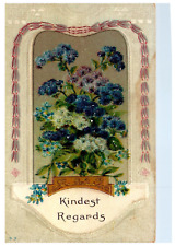 Kindest Regards Blue Floral Bouquet Embossed Antique 1915 Postcard Posted picture