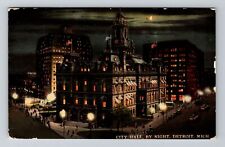 Detroit MI-Michigan, City Hall by Night, c1912 Vintage Souvenir Postcard picture