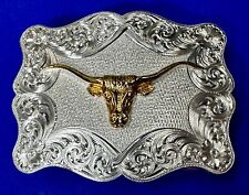 Texas Longhorn Steer Rodeo Bull Two Tone Belt Buckle by Montana Silversmiths picture