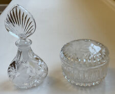 Crystal Perfume Bottle Fancy Leaf Stopper And Crystal Lidded Powder Jar Vintage picture