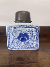 Vintage Blue & White Rectangle Tea Caddy Ginger Jar Metal Beaded Edge Lid picture