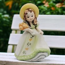 Vtg Big Eyelashes Girl Green Dress w Bonnet & Flower Bouquet Bisque Figurine picture