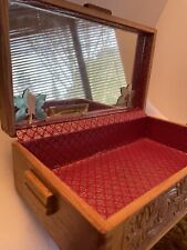 Vtg. Carved Dovetailed Tooled Wooden Lined Box w Mirror picture