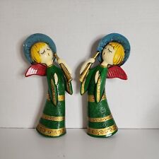 Vtg MCM Pair of Angels With Horn Green & Gold 8 1/2 Inches Japan Stand Or Hang picture