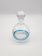 Vtg Clear Hand Blown Glass Perfume Bottle & Stopper Applied Blue Swirling 5