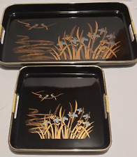 Japan Set of 2 Toyo Iris Flowers Birds Black Laquer Serving Trays Home Dining picture