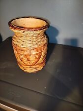 UNIQUE VINTAGE CLAY POT IN FITTED HANDWOVEN BASKET 9.5