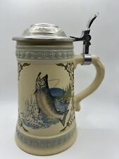 Vintage ALWE Fish Beer Stein Pewter Lid Fishing Pottery West Germany Stamp picture