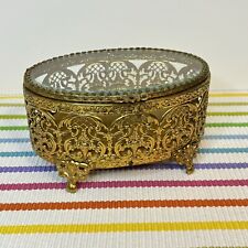 Vintage Gold Tone Filigree Beveled Glass Footed Casket Jewelry Box Oval 6” picture