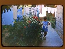 1959 Cute Young Girl, Walkway, Hanging Laundry, Sun Garden Kodachrome 35mm Slide picture