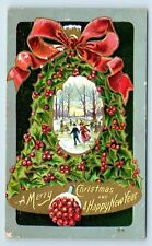 Postcard A Merry Christmas and A Happy New Year embossed greeting ice skate X80 picture