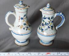 Pair antique faience lidded ewers pitchers cruets hand painted 19th c. glaze picture