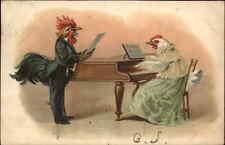 Fantasy Hen Playing Piano Rooster Opera Singer Fancy Suit c1910 Postcard picture