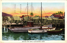 Drying Fish Nets Boats at Dock Gloucester MA Linen Postcard c1934 picture
