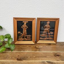 Embossed Copper Relief Tropical Caribbean Islands Man And Woman Kitsch MCM Decor picture