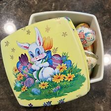 Easter Gift Box Easter Bunny Rabbit Design 6” Container With 8 Decoupage Eggs picture