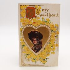 Antique To My Sweetheart, Valentine Embossed Postcard Woman Big Hat Unposted picture