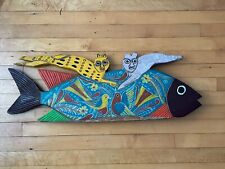 Oaxacan Wood Carving Fish With Cats Folk Art Hand Painted 20.5” Rare picture