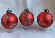 3 Vintage Christmas West Germany Stencil Blown Glass Ornaments Silver Red picture