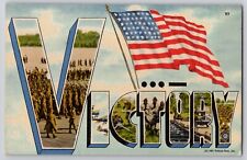 WW2 V for VICTORY Large Letter Flag Patriotic Linen Tichnor Postcard WWII 1944 picture