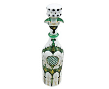 ANTIQUE BOHEMIAN MOSER HAND CUT GLASS DECANTER GREEN COLOR/ WHITE OVERLAY / GOLD picture