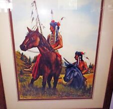 Antique Native American Indian Old Master Painting WARRIORS ON HORSE - SIGNED picture