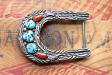Vtg Hand Made Sterling Silver Turquoise Coral Horseshoe Style Belt Buckle picture