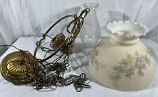 ANTIQUE 10” GWTW Hand Paintied Glass Hanging Lamp Ceiling Light Brass RARE  VTG picture