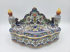 ANTIQUE 1800s FRENCH Pottery DOUBLE INKWELL STAND FRANCE Faience Rouen picture