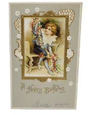 Antique 1907 A Happy Birthday Victorian Child Embossed Postcard Cancel Stamp picture