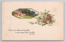 1907-15 Postcard Bible Verse  Psalms 46:1 Flowers Basket & Farm House Scene picture